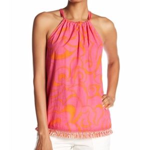 Trina Turk Cotton Halter Pink Orange Tassle L 169